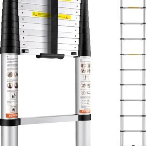 VEVOR Échelle Télescopique Aluminium 3,8 m Escabeau Extensible Capacité 170 kg avec Pieds Antidérapants Échelle Compacte Portable Polyvalente Rétraction à Un Bouton pour Réparation Maison Camping-car