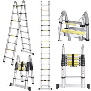 Voluker 5 m Échelle Pliable, échelle télescopique en Aluminium, échelle Extensible, 2,5 m + 2,5 m, Charge maximale 150 kg, Argent